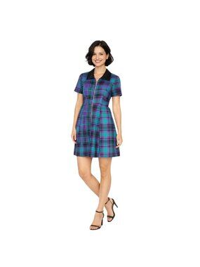 2/$30 New Dangerfield Plaid Collared 2 Mini Dress Front Zipper Purple & Teal Org